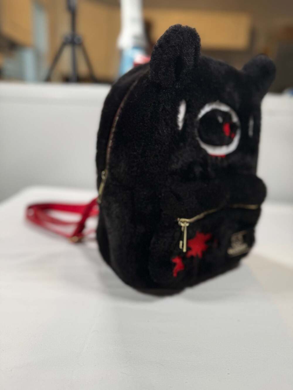 Gloomy Bear Black Faux Fur Plush Mini Backpack with Blood Splatter, OSFM